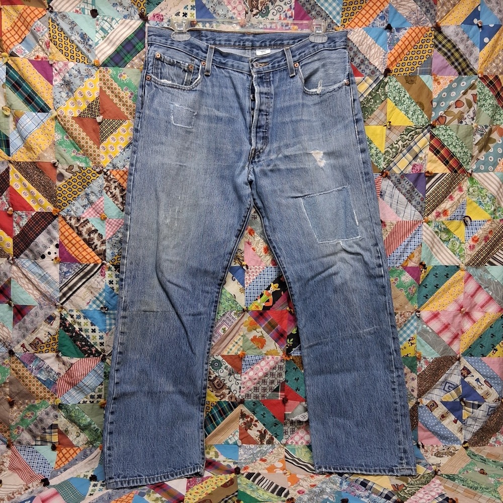 Vintage Y2K Levis Button Fly Reworked Patched Jeans Size 36x32 Blue Stone Washed